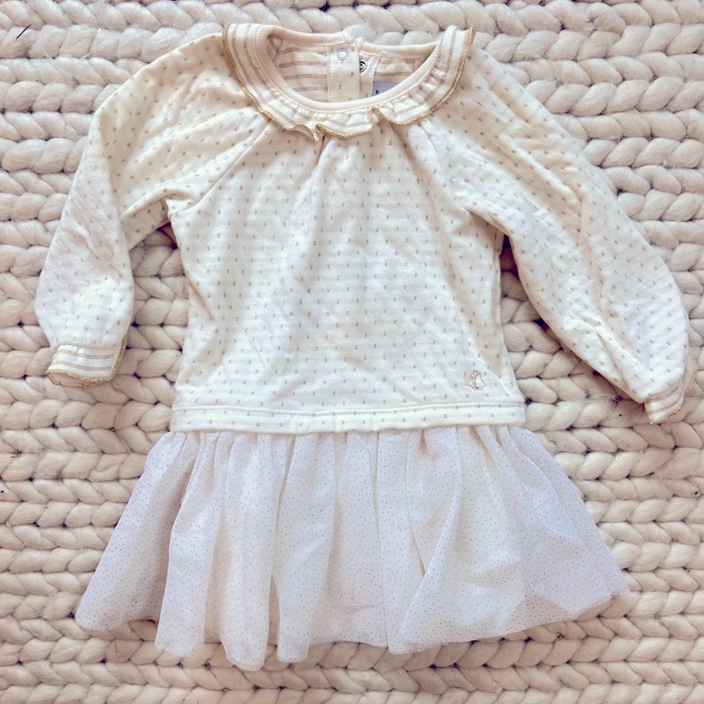 Petite Bateau baby tulle dress 12 month ivory gold w tutu wedding guest baby